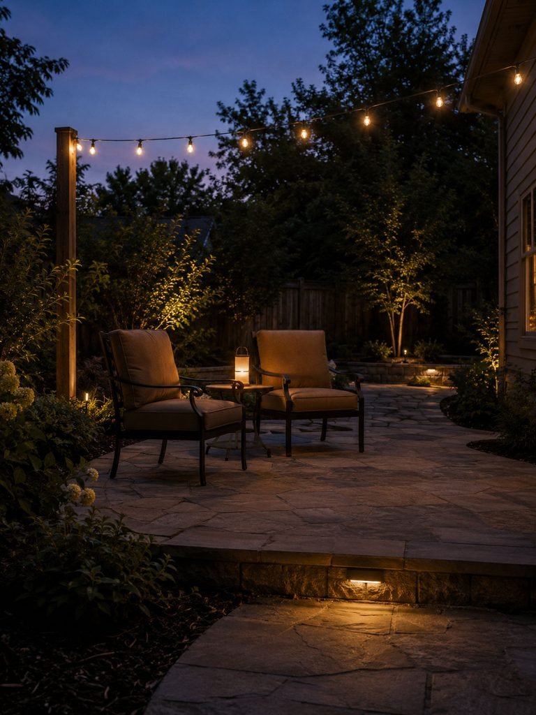 Patio at dusk with overhead string lights, a table lantern, and low lighting near a step