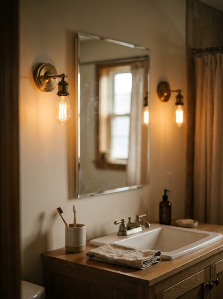 Warm vanity sconces glowing beside a bathroom mirror in the evening