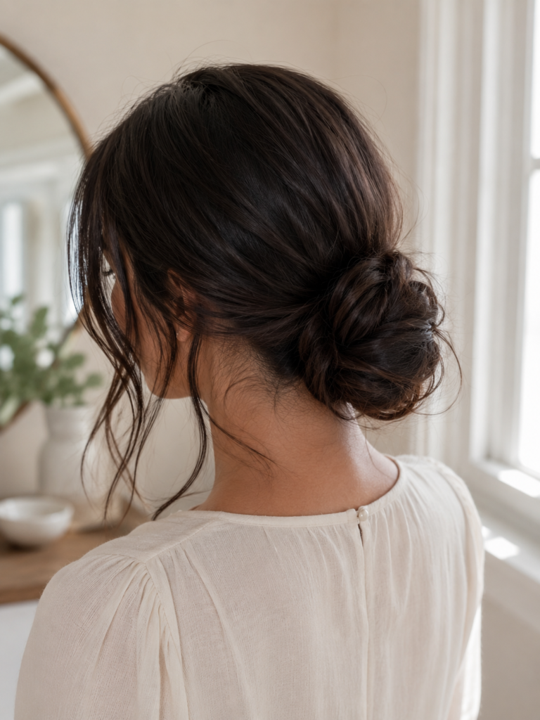 Long dark hair arranged in a soft low bun at the nape with loose face-framing pieces