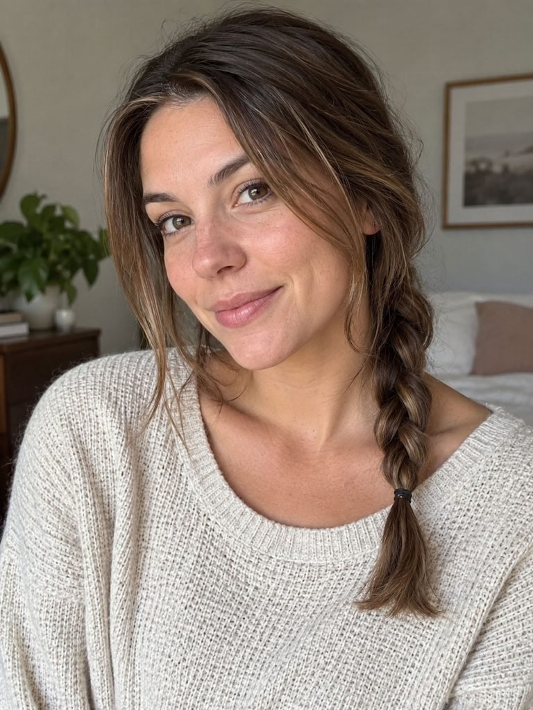 Simple three strand side braid on collarbone length layered hair