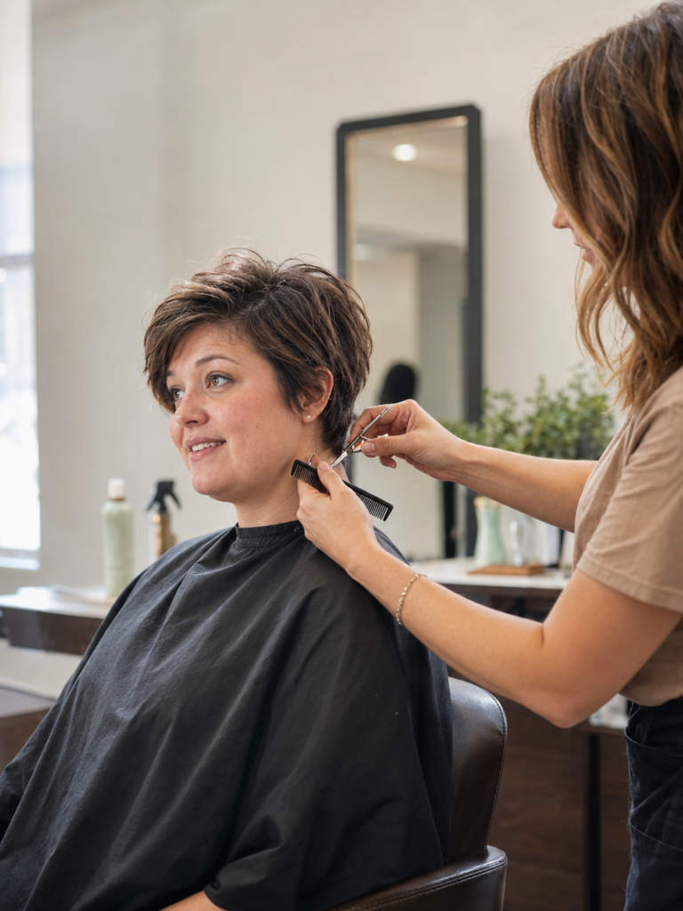 Stylist trimming a woman's short hair in a salon