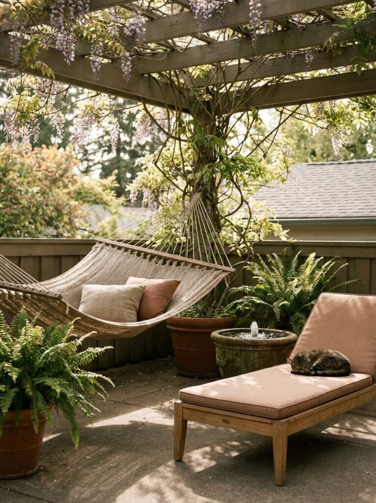 A relaxing hammock and lounger as cozy patio inspiration for unwinding