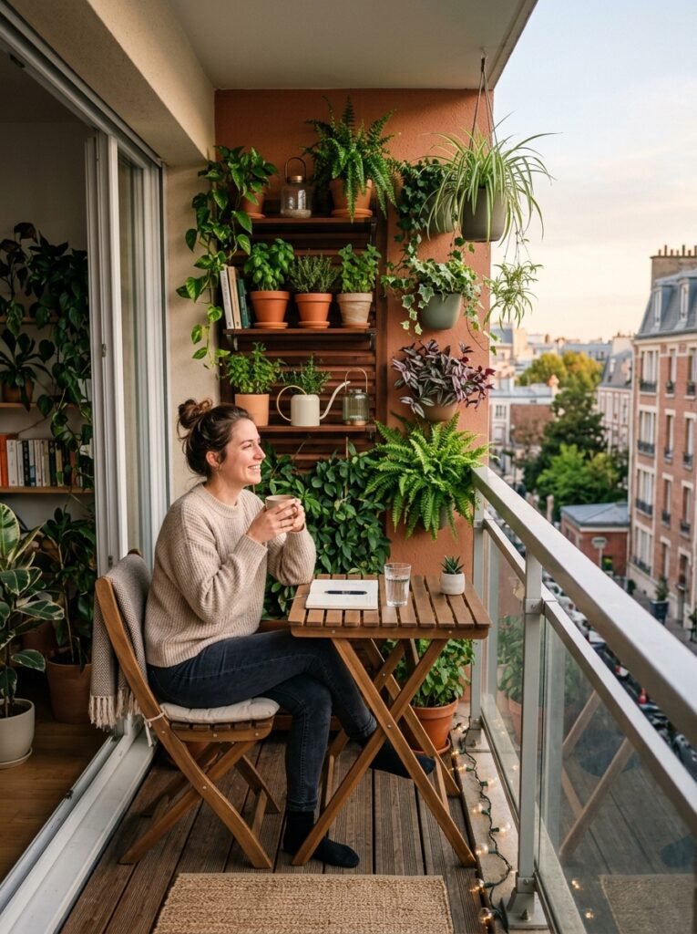 Smart small space patio inspiration with foldable furniture and vertical plants