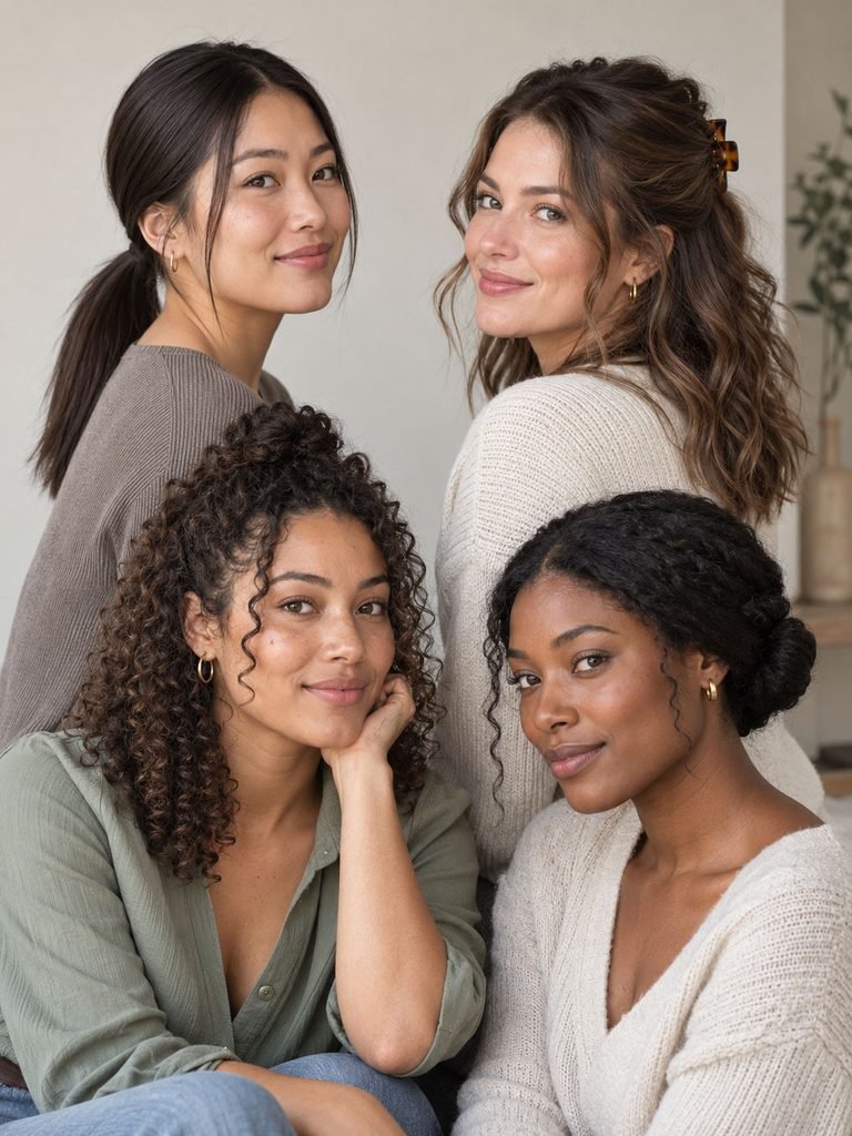 Women with straight, wavy, curly, and dense medium hair wearing simple everyday styles