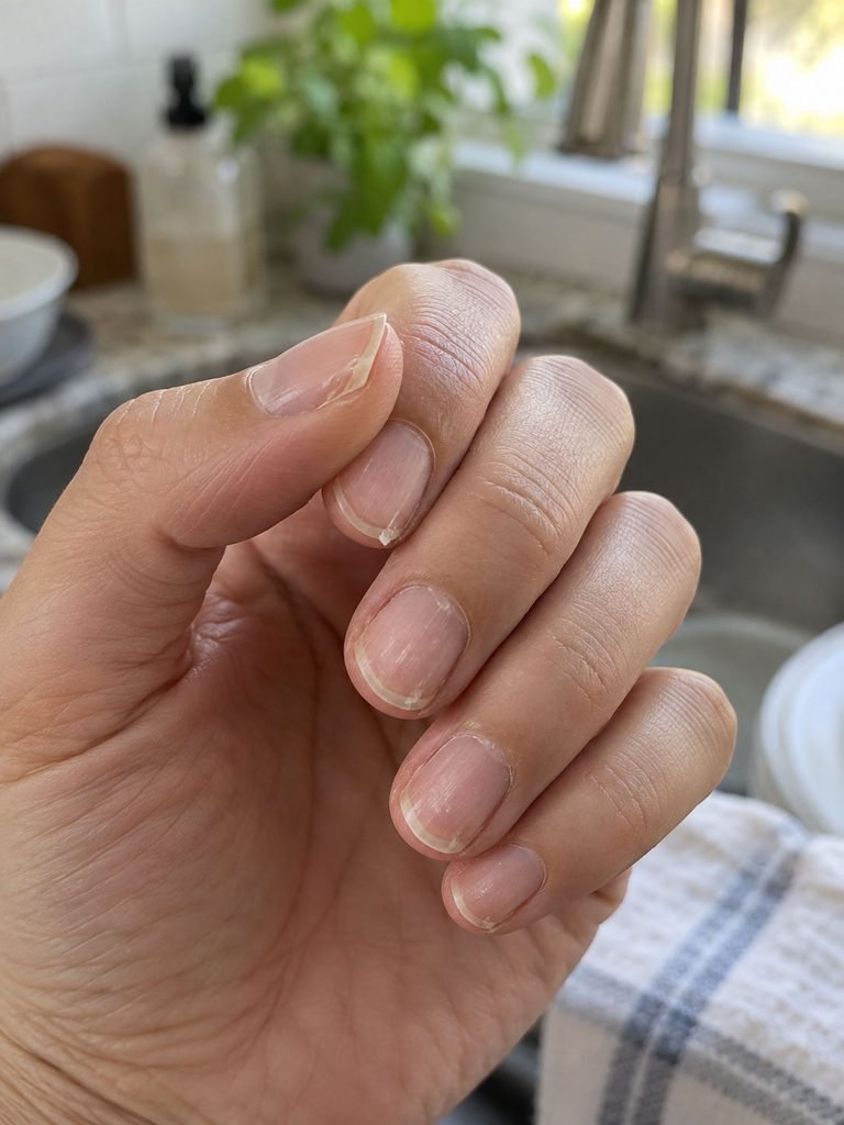 Short natural fingernails with mild peeling at the tips near a kitchen sink