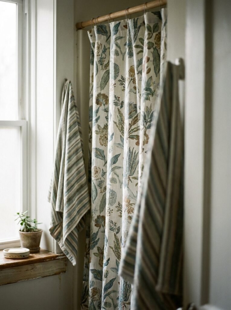 Patterned shower curtain paired with a coordinating striped towel in a bathroom