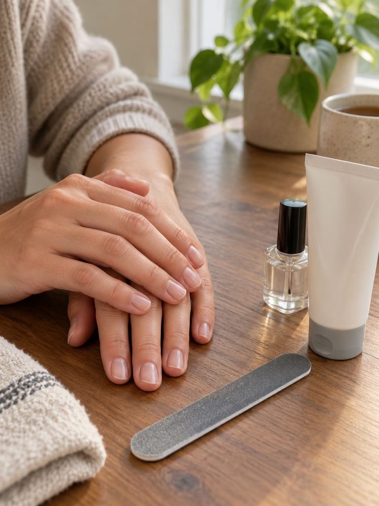 Healthy short natural nails with a simple file, moisturizer, and clear polish nearby