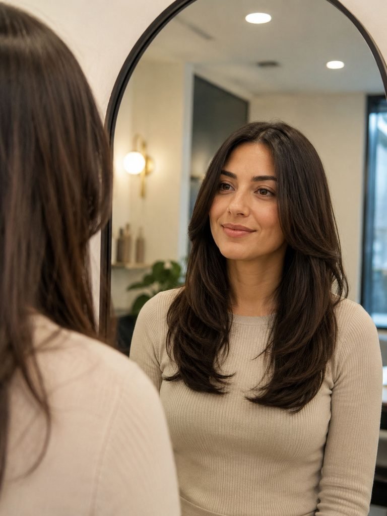 Woman with long subtle layers and a full perimeter checking her haircut in a mirror