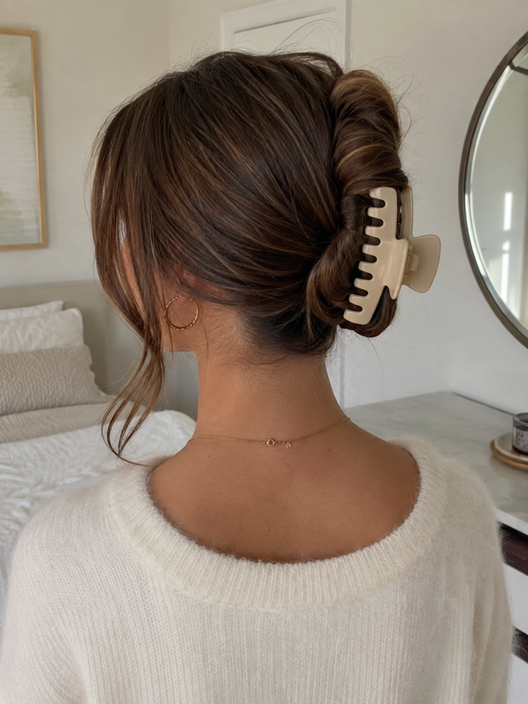 Back view of long brown hair secured in a relaxed vertical twist with a large claw clip