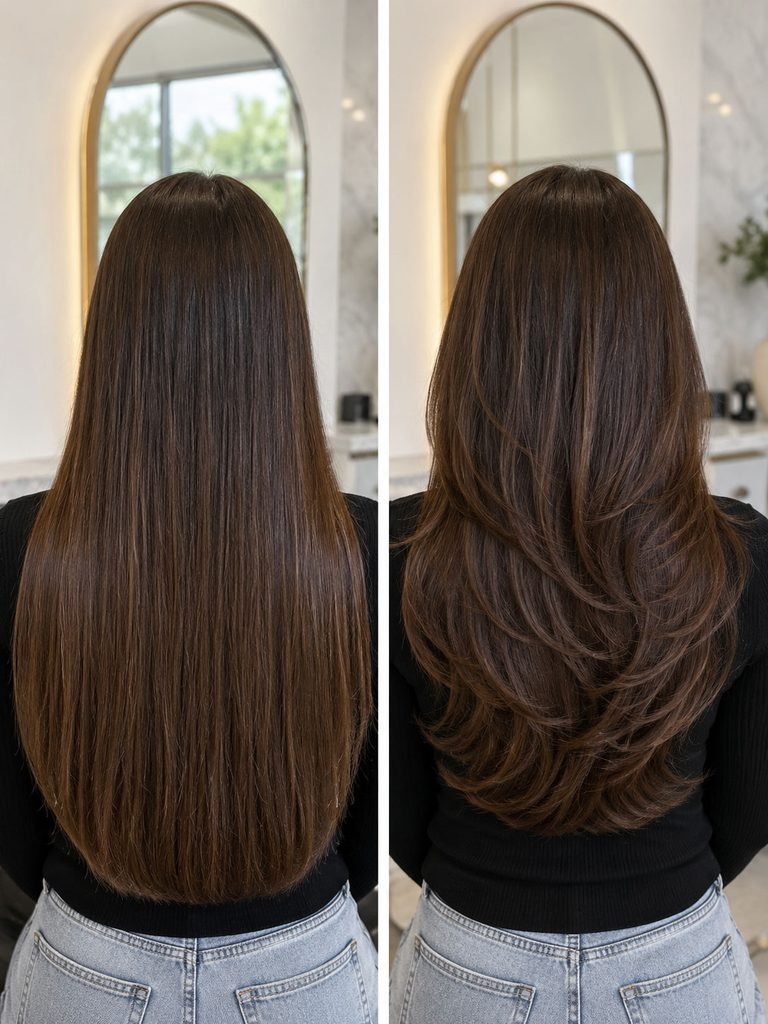 Back views comparing long one-length hair with a softly layered version