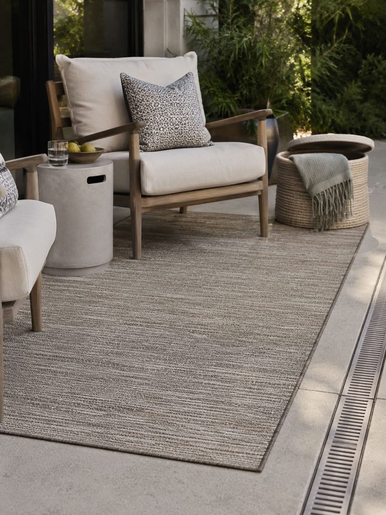 Flat woven patio rug with outdoor cushions and a storage basket beside seating