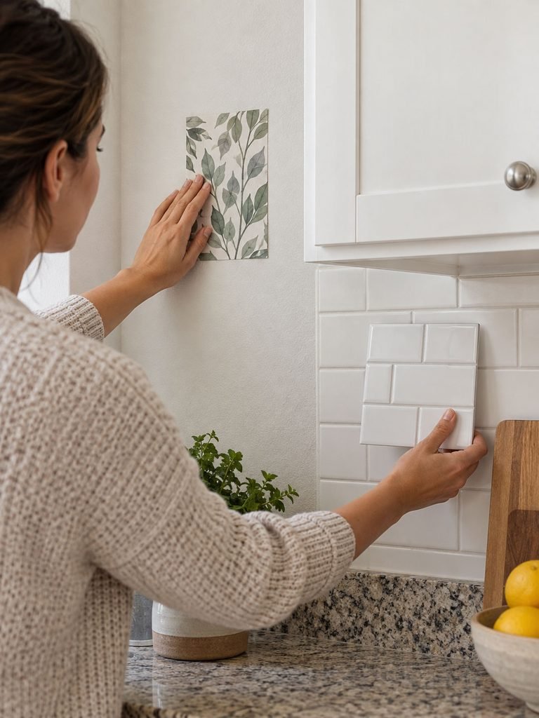 Small removable wall covering sample being tested on a clean rental kitchen wall