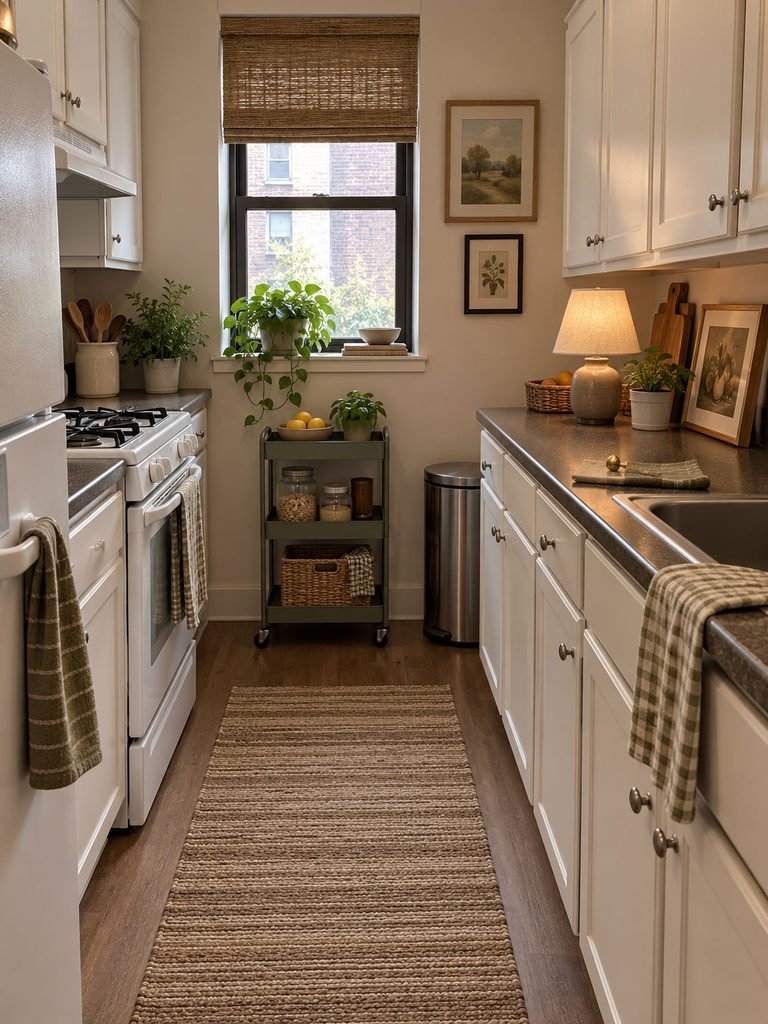 Rolling cart, runner rug, hardware and removable decor arranged in a compact apartment kitchen