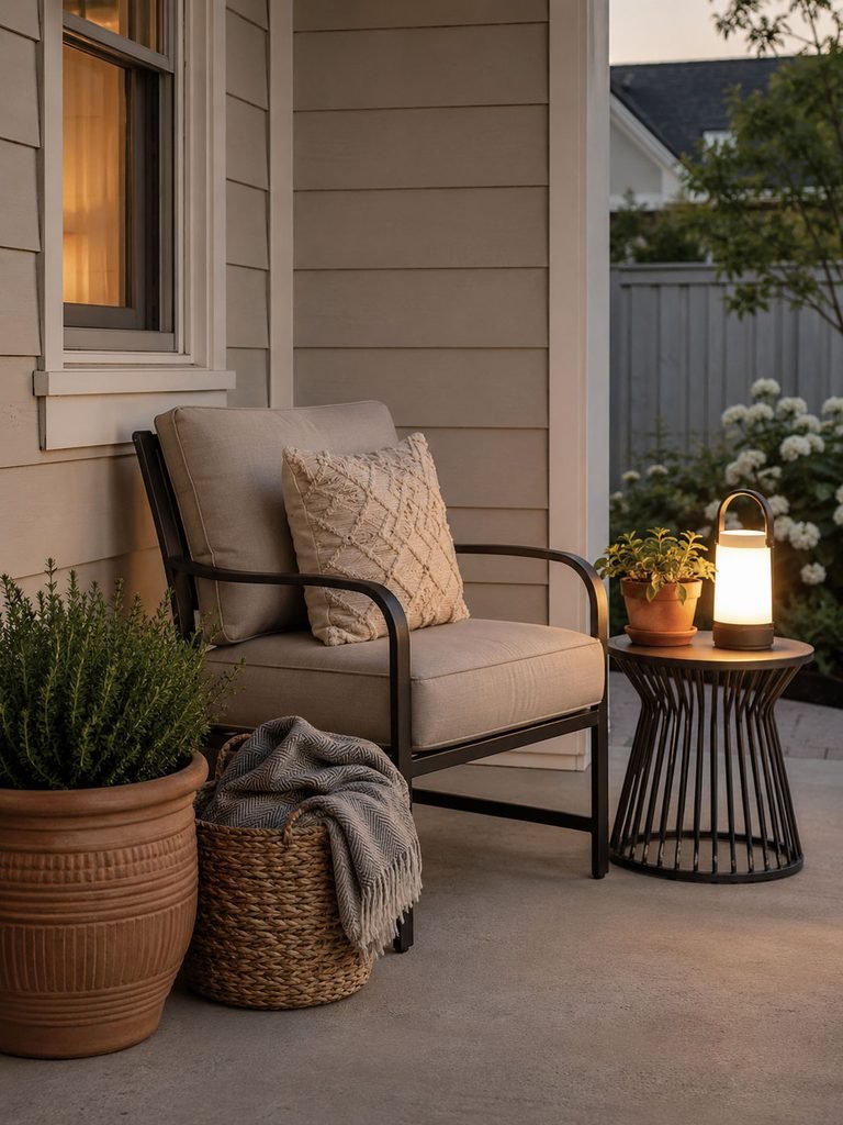 Simple patio corner with comfortable chair, lantern, planter, and small side table