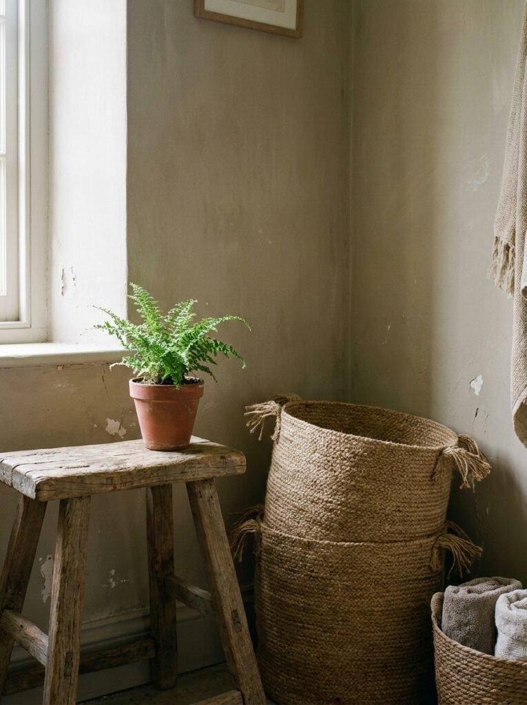 Secondhand woven baskets and a thrifted wooden stool in a simple bathroom