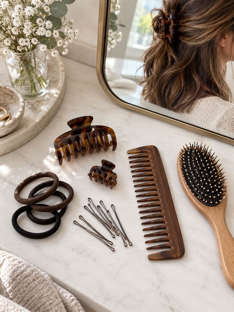 Medium length hair beside a claw clip, covered elastic, bobby pins, and hairbrush