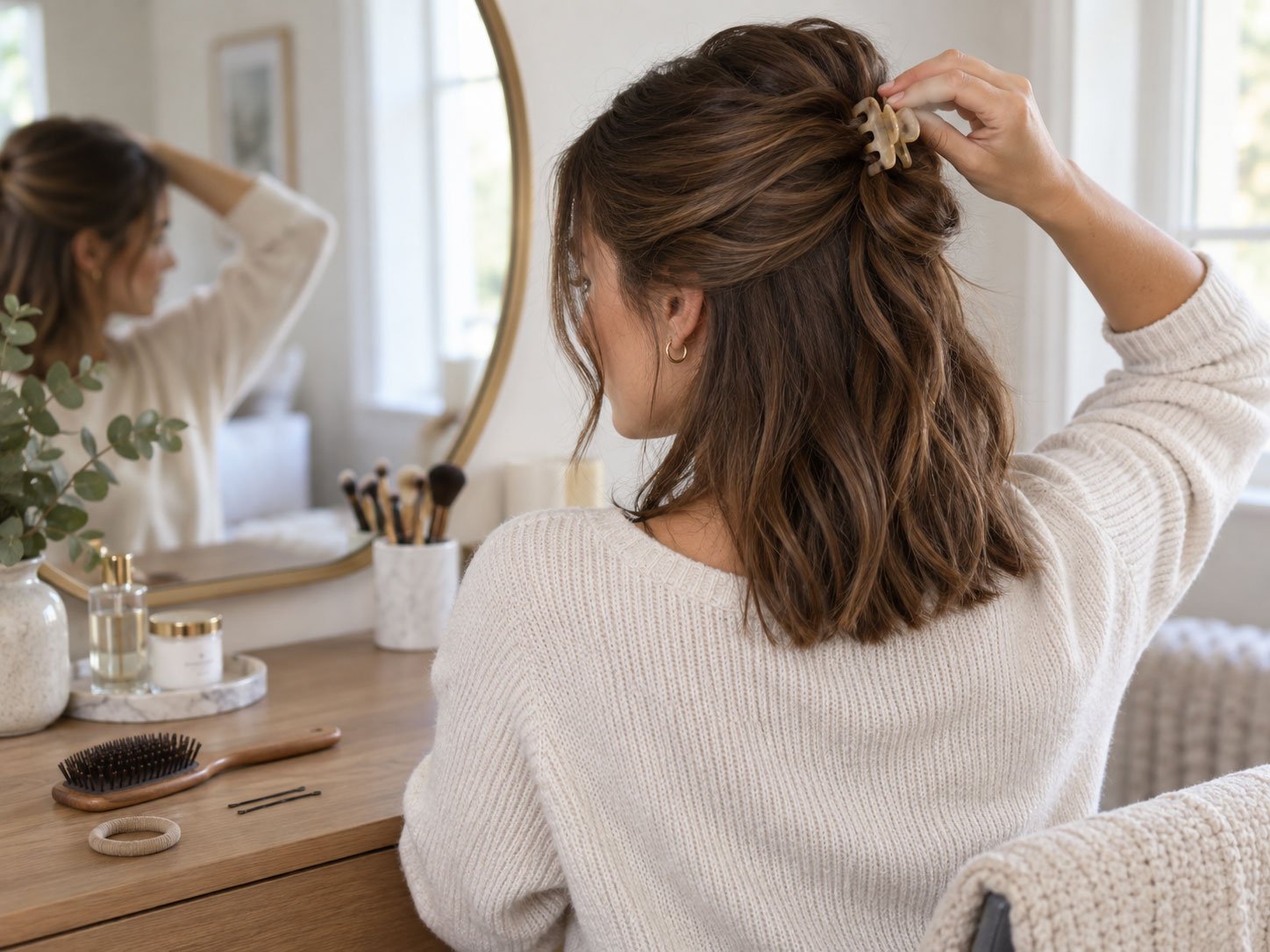 Woman styling shoulder length hair into a half up claw clip twist at home