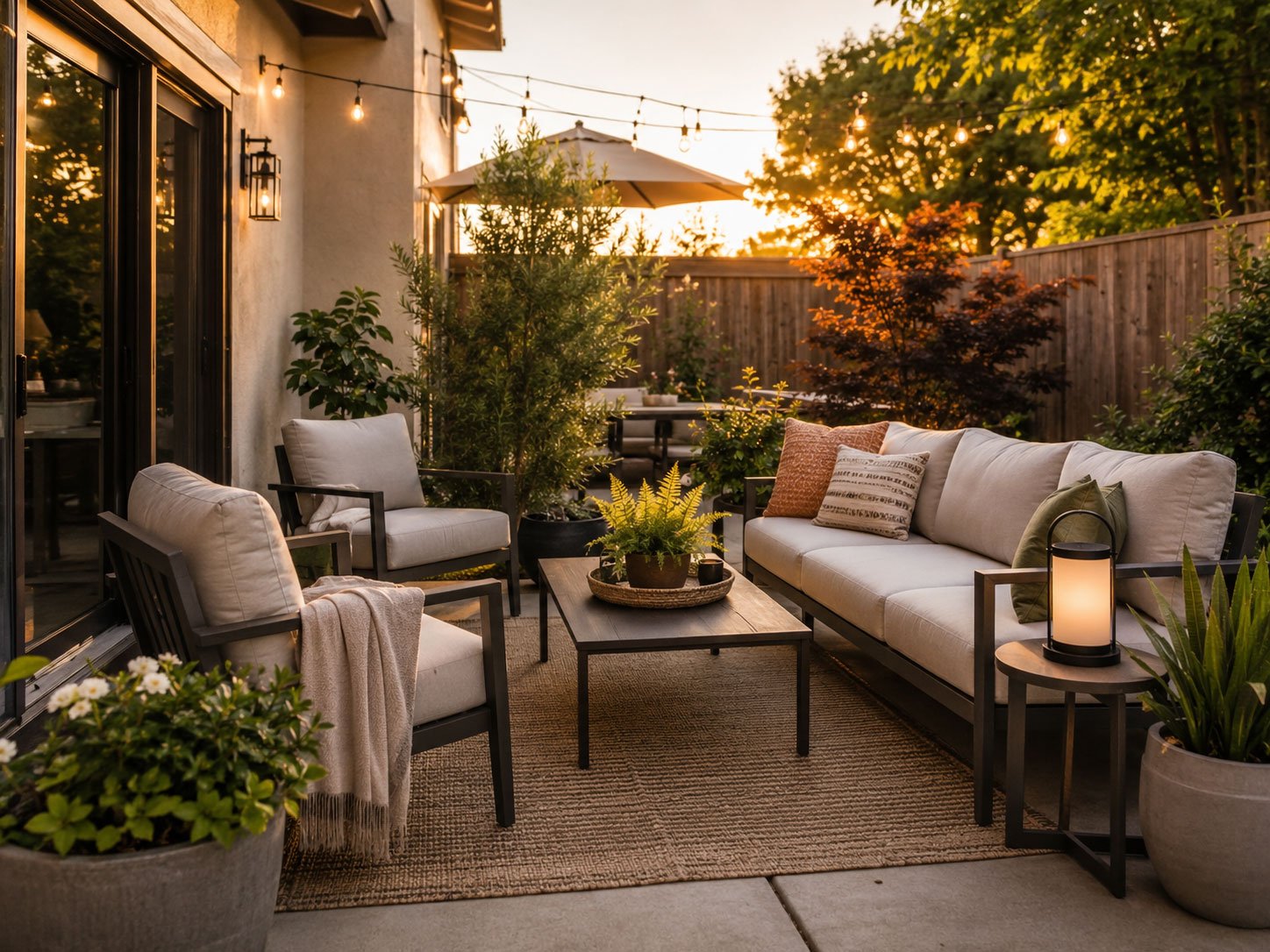 Comfortable patio seating with warm lights, potted plants, and an outdoor rug at golden hour