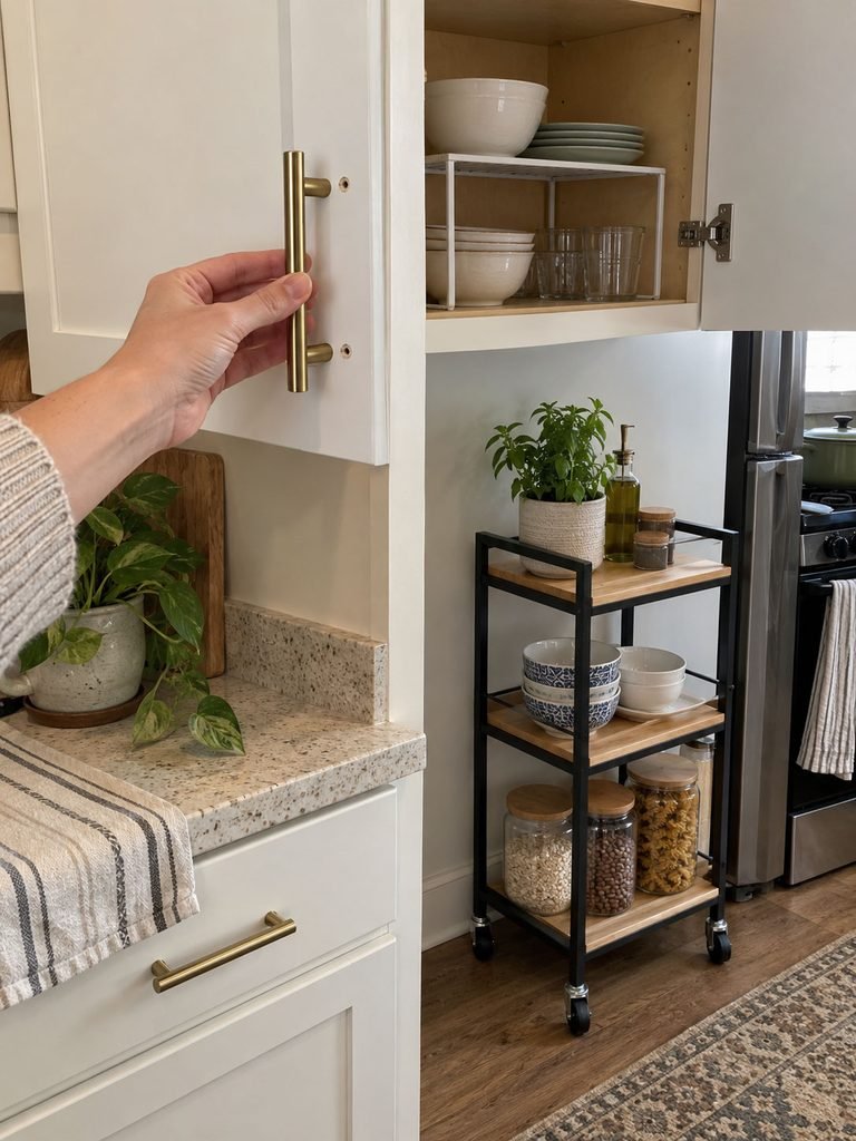 Replacement cabinet pull aligned with existing holes beside a slim freestanding kitchen cart