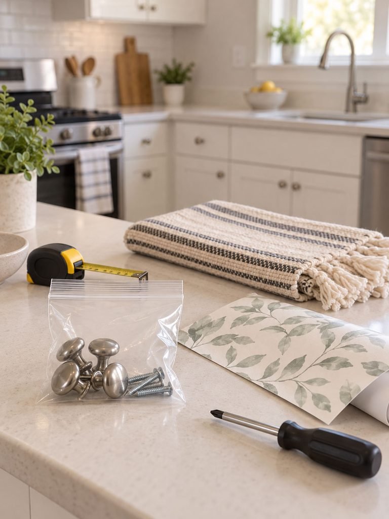 Original cabinet hardware, removable material sample and small tools stored together for restoring a rental kitchen