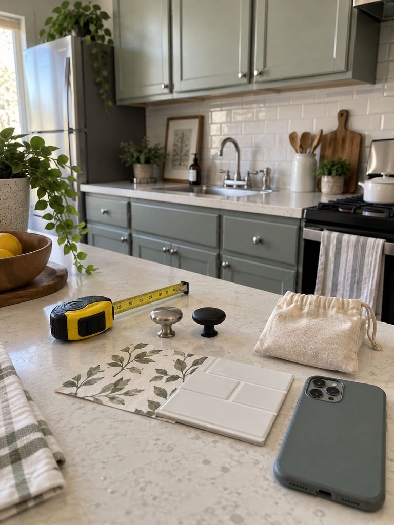 Renter comparing hardware and removable material samples beside a tape measure in a small kitchen