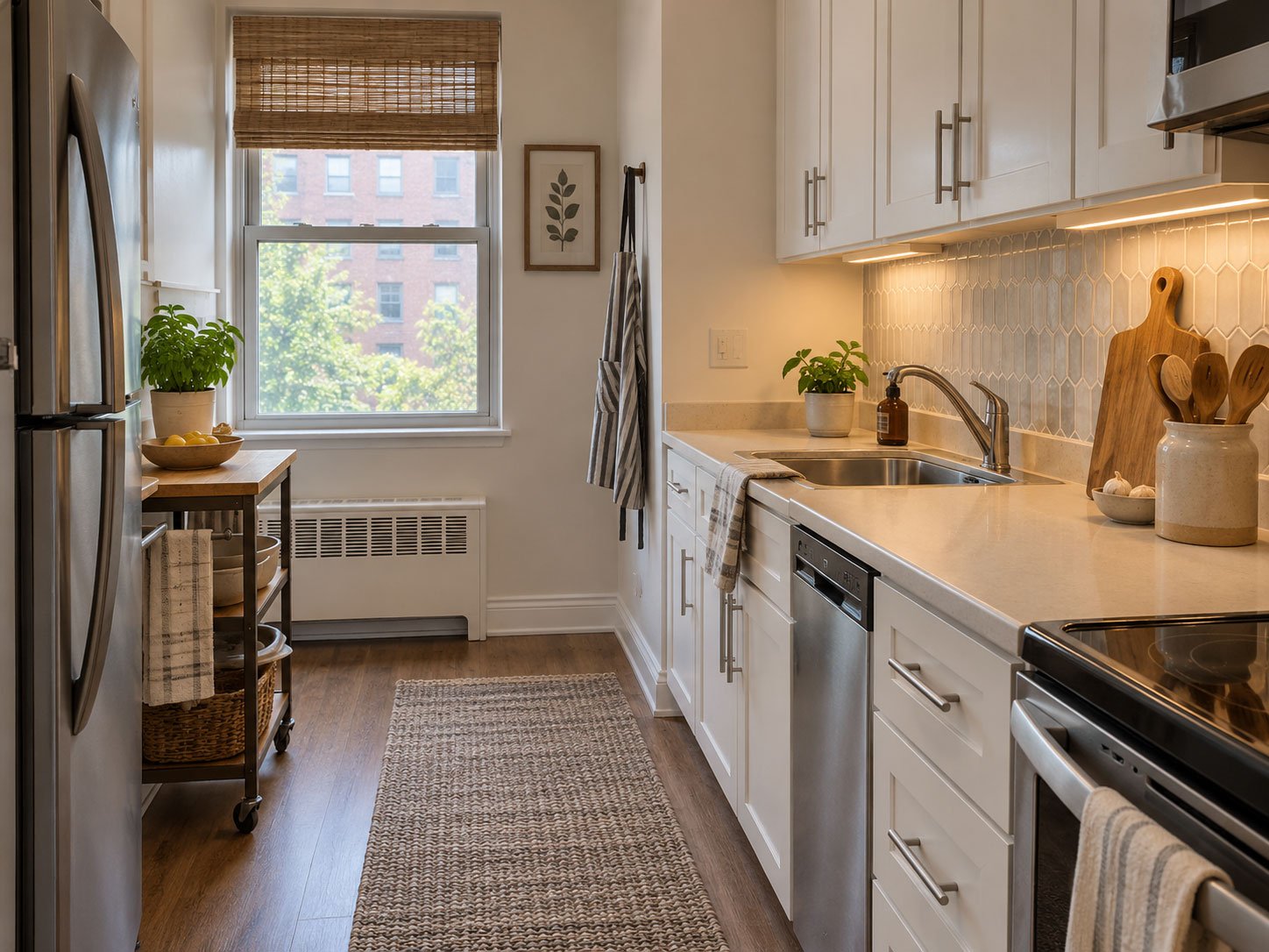 Small rental kitchen styled with removable backsplash, warm lighting, runner rug and portable storage