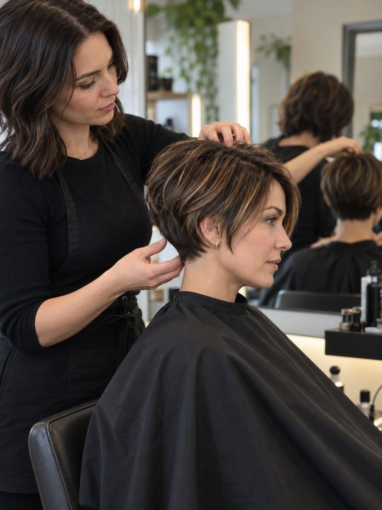 Hairstylist checking the shape of a grown out pixie bob before trimming
