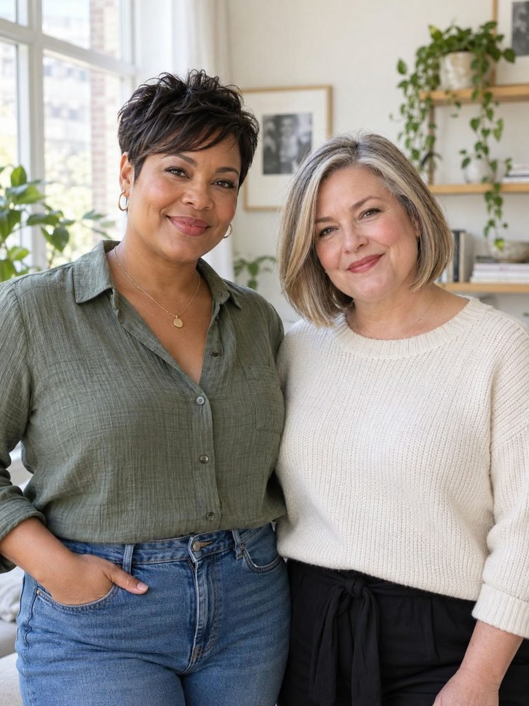 Two women with round faces wearing a textured pixie and a below jaw bob