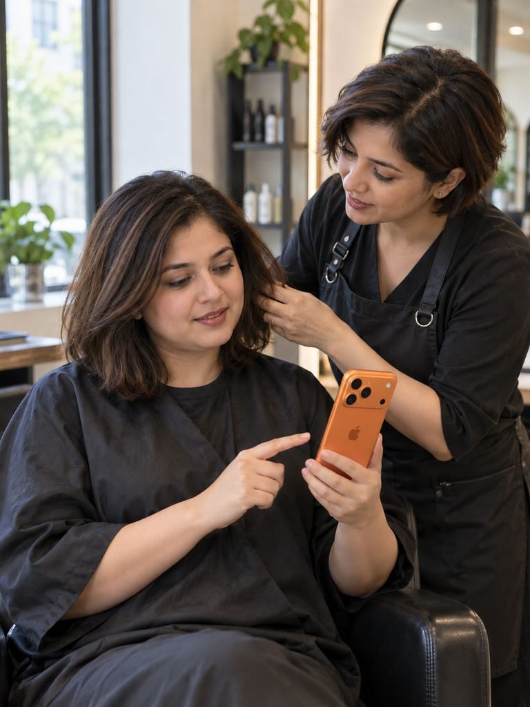 Client and stylist discussing a short haircut reference photo in a salon