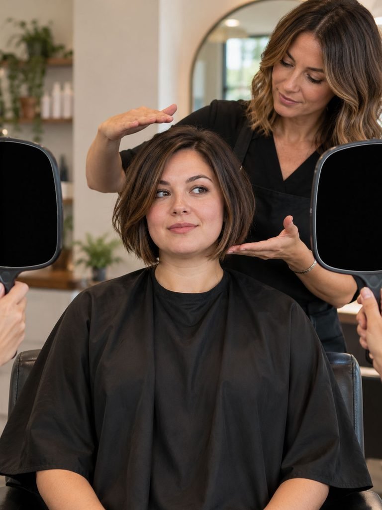 Woman comparing crown height and jaw length on two short haircut shapes