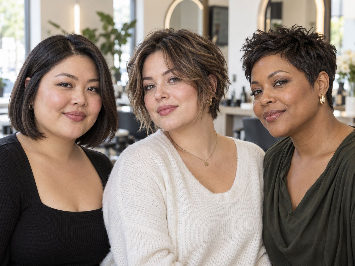 Three women with round face shapes wearing a bob, bixie, and textured pixie haircut