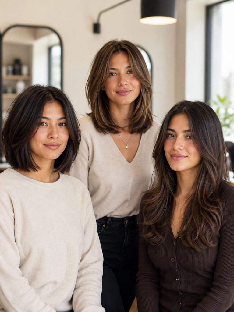 Short layered bob, collarbone layers, and long blended layers shown together