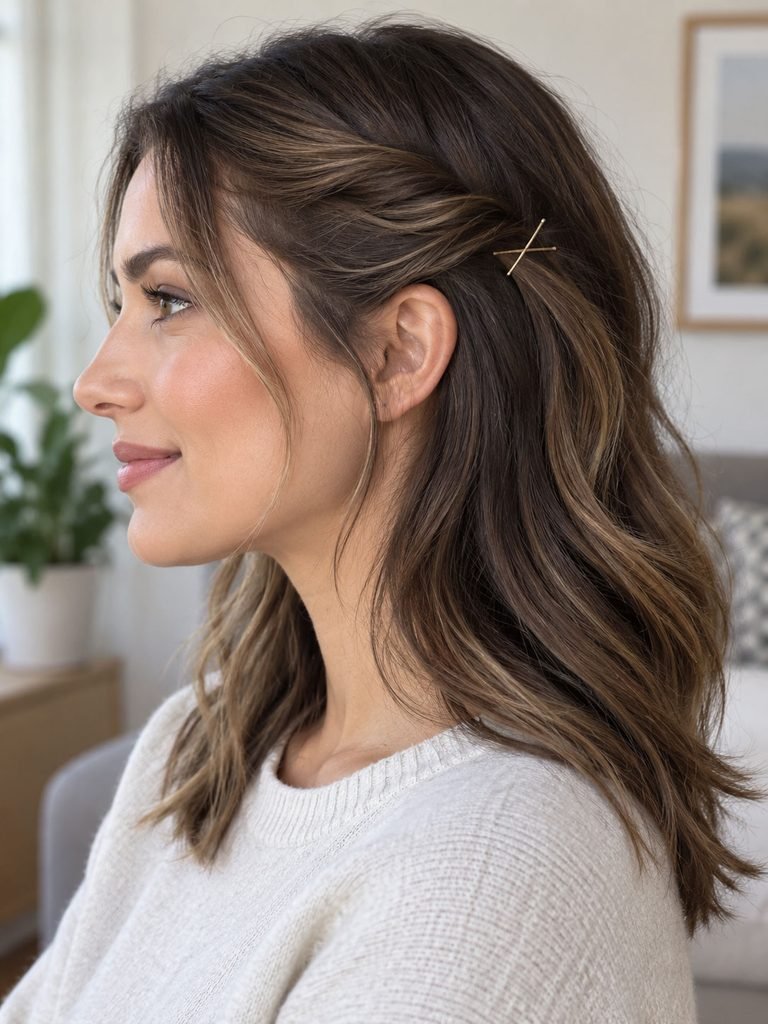 Side section of medium layered hair twisted back and secured with bobby pins