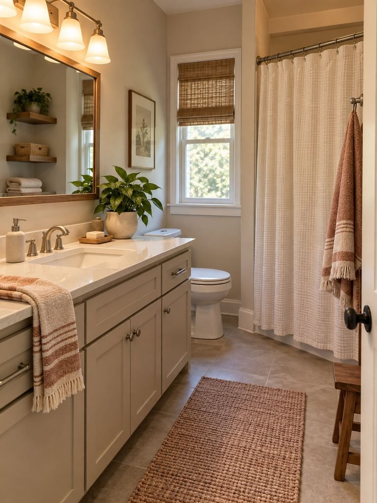 Finished bathroom with clear surfaces, one plant, warm lighting, and coordinated neutral textures