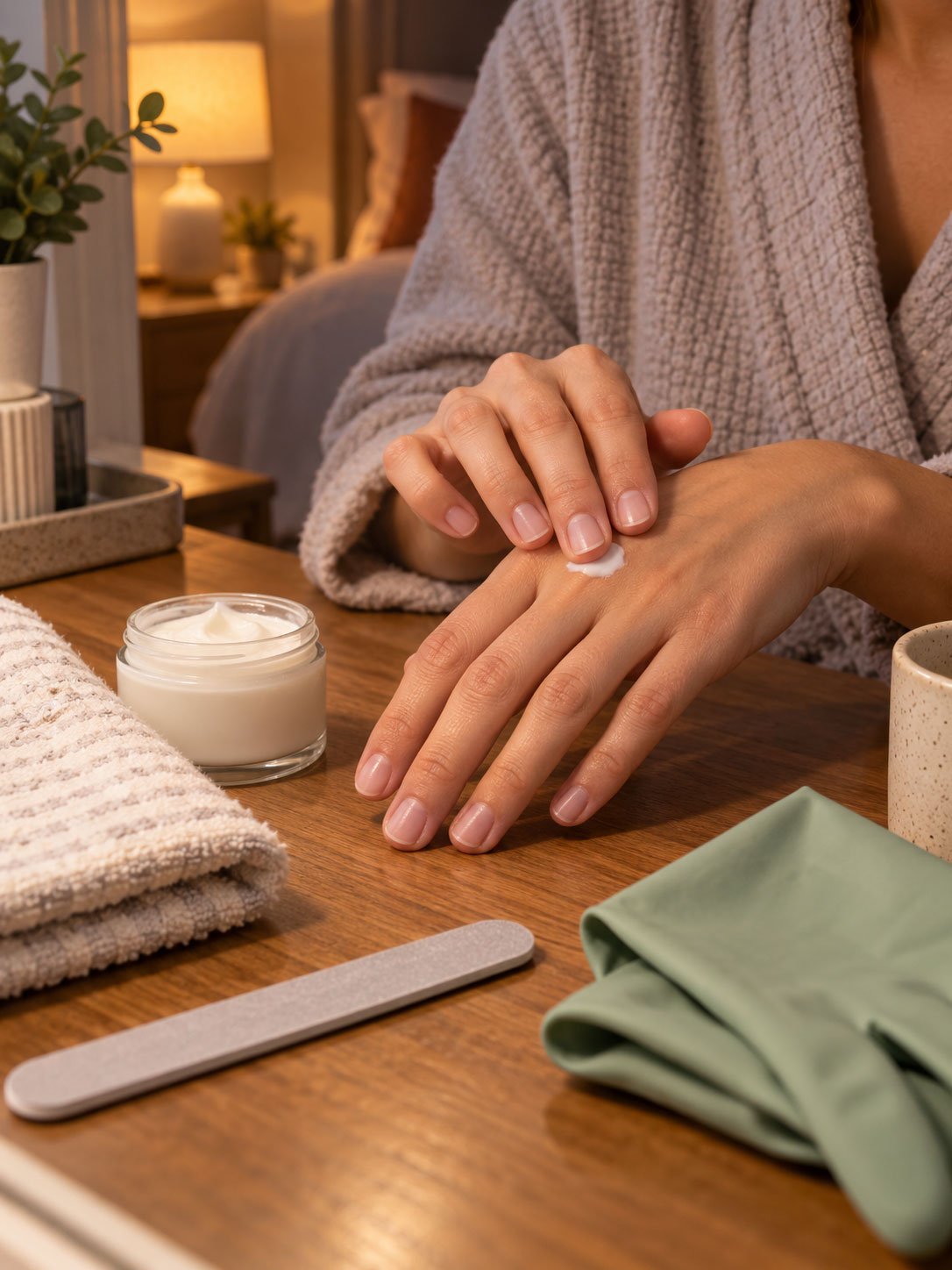 Short natural nails being moisturized beside a nail file and folded cleaning gloves