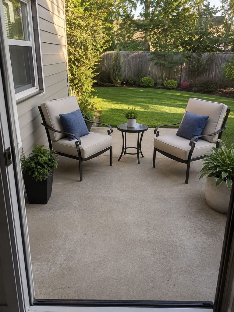 Patio seating framed by healthy container plants and a shade umbrella