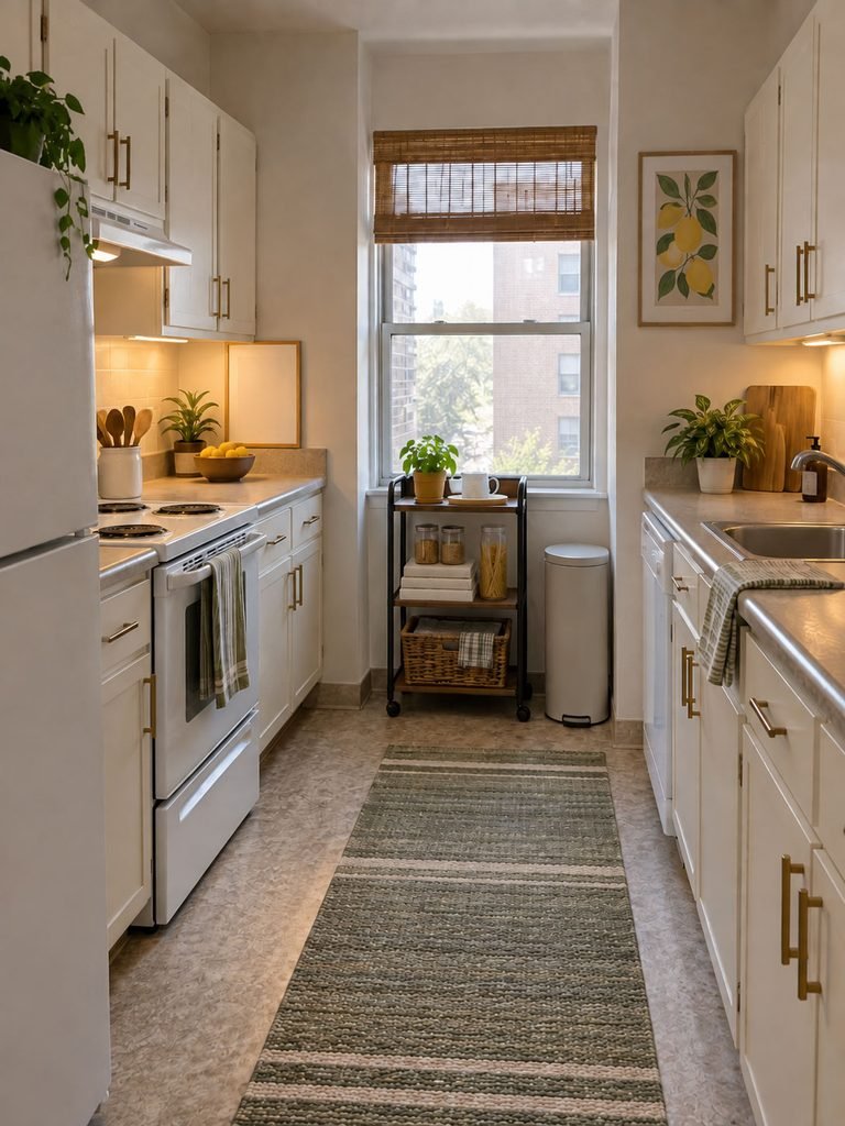Compact rental kitchen improved with a runner, better lighting, portable cart and updated hardware