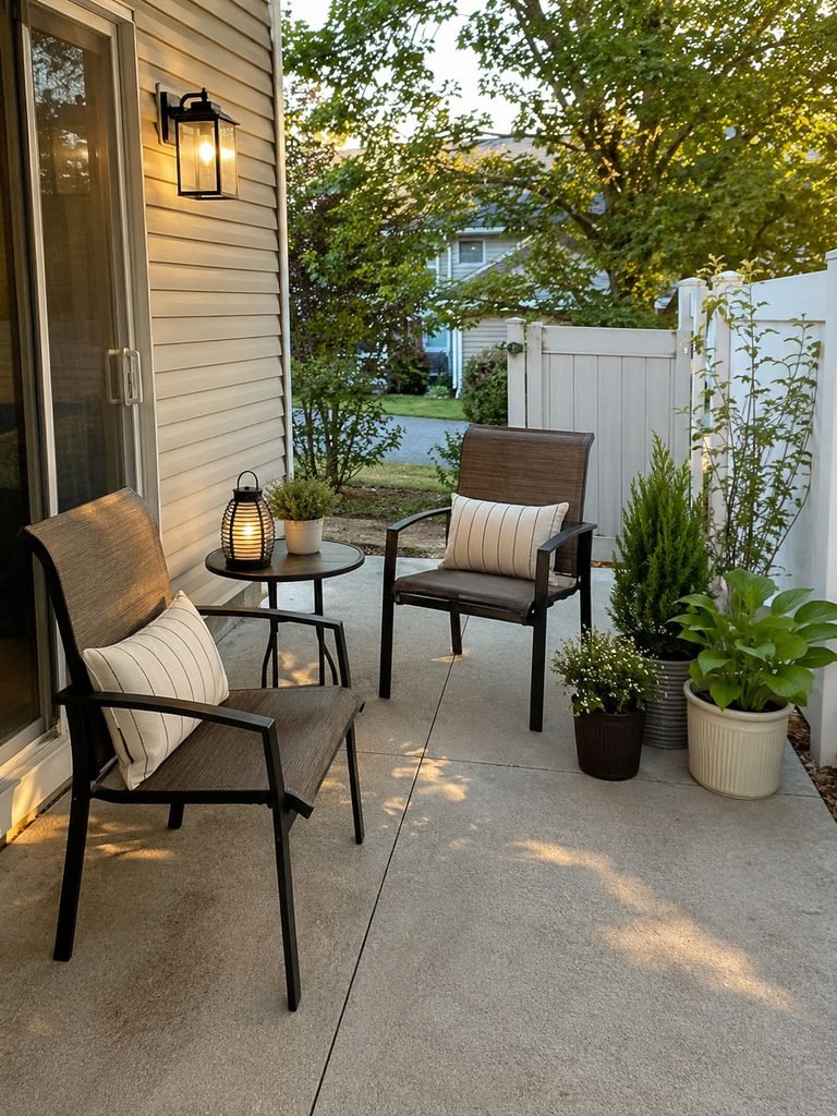 Inviting patio with two rearranged chairs, warm lantern light, and grouped potted plants