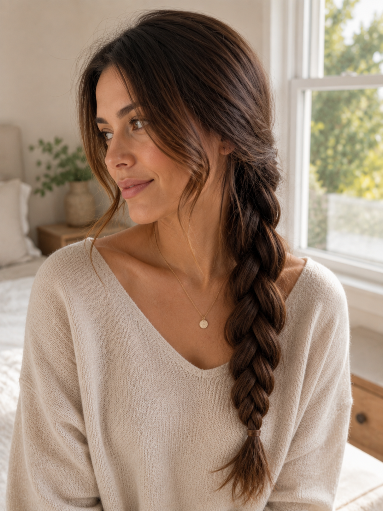 Long textured brown hair braided loosely over one shoulder