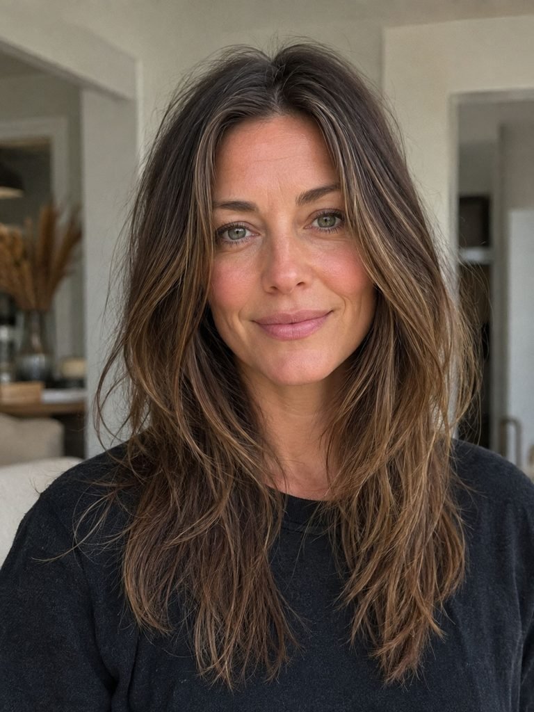Long layered hair several weeks into a soft natural grow-out