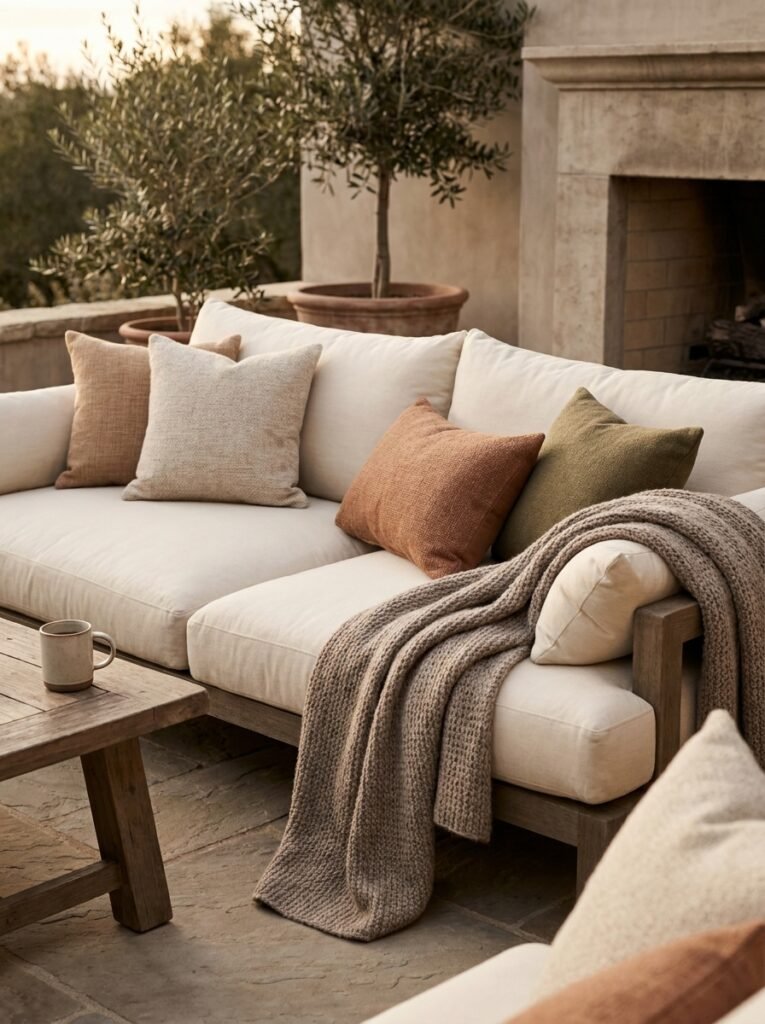 Comfortable cushioned patio seating as cozy patio inspiration