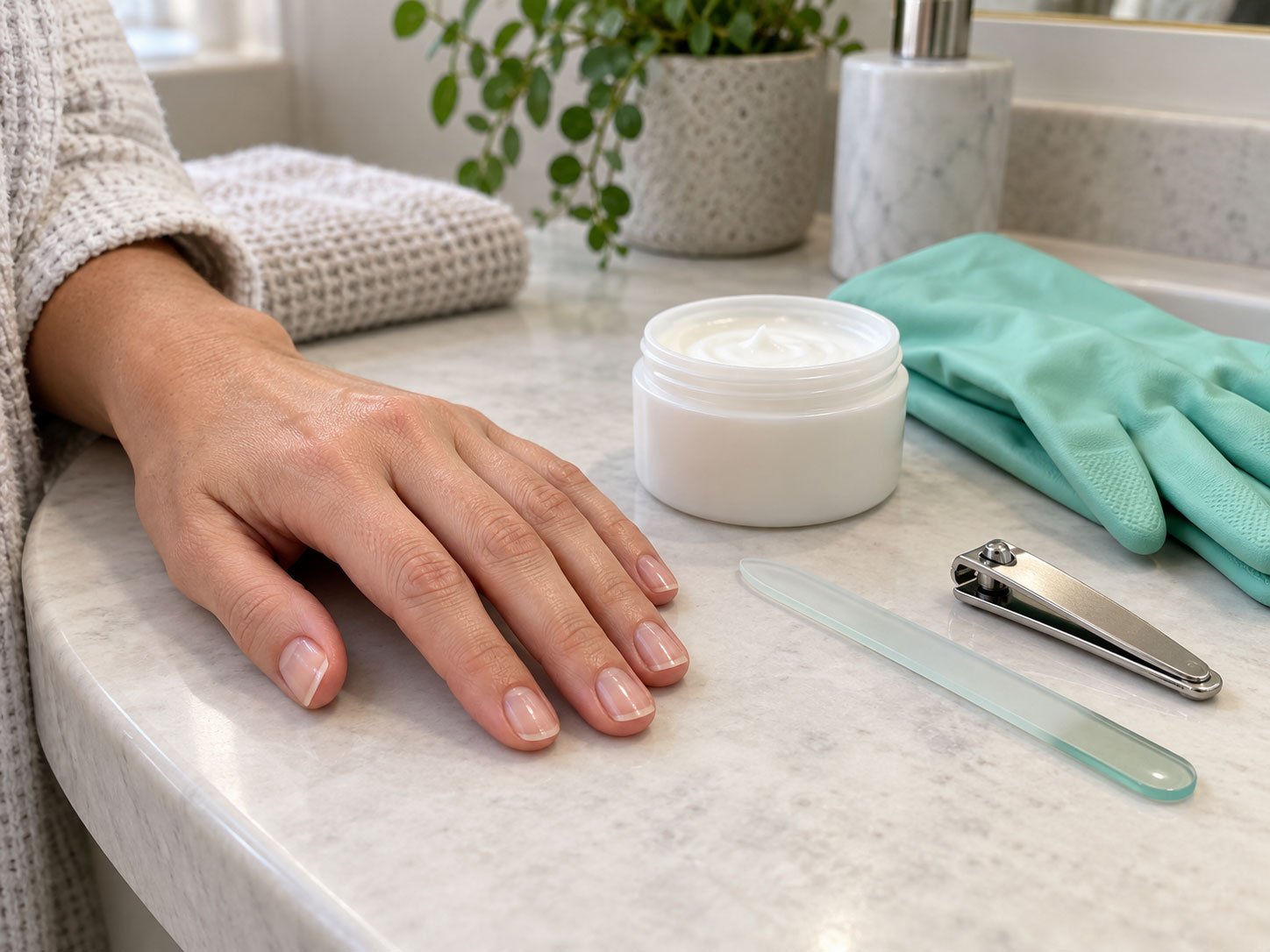 Short natural fingernails beside hand cream, protective gloves, and a nail file