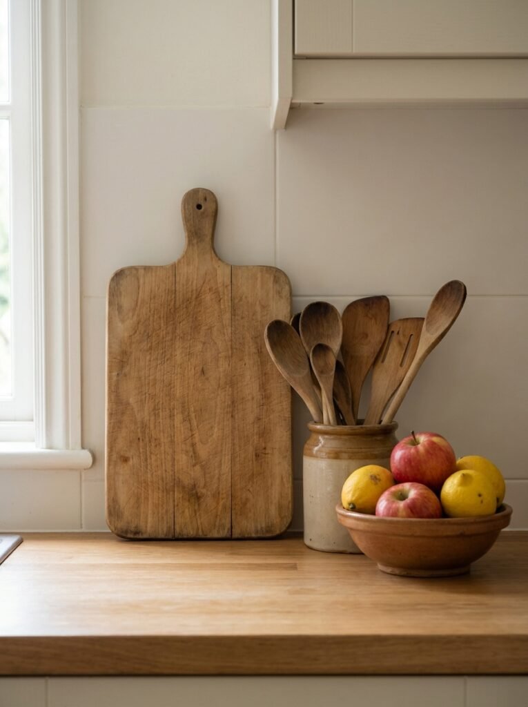 Styled rental kitchen counter with cutting board, utensil crock, and fruit bowl