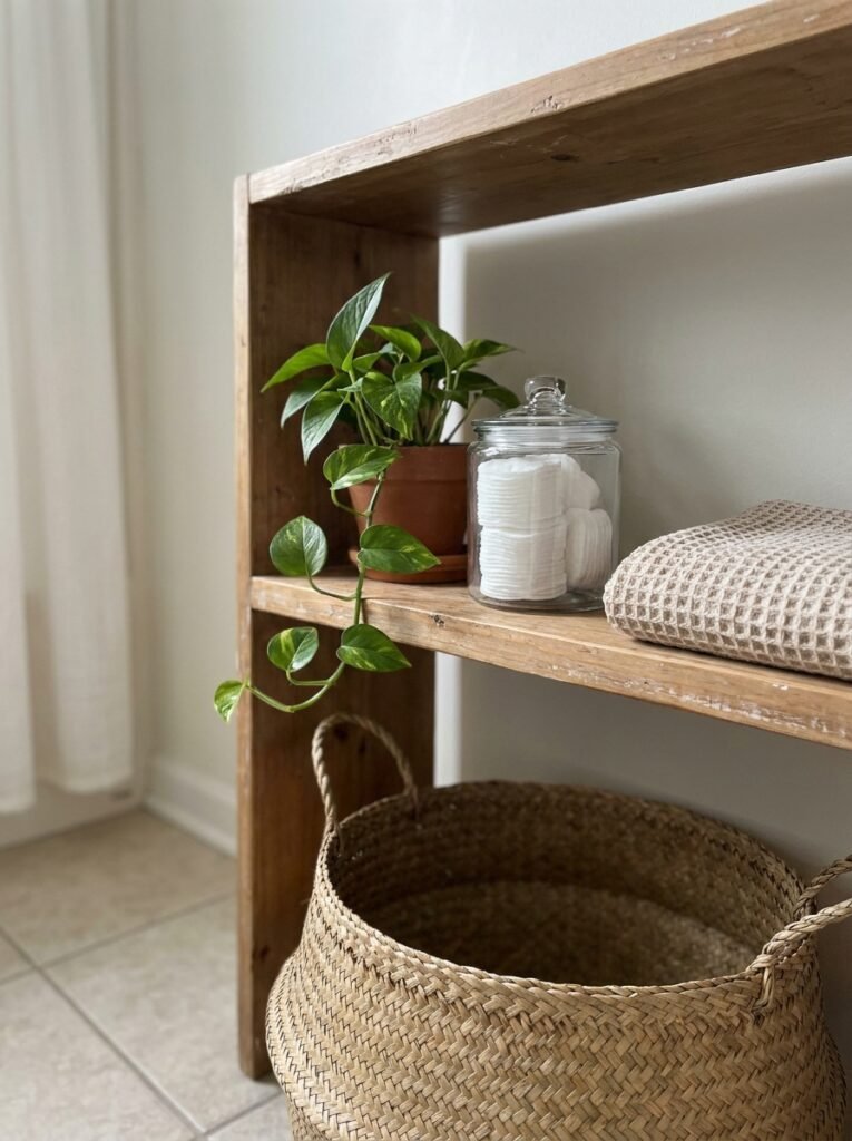 Styled open bathroom shelf with a plant, glass jar, and folded towels