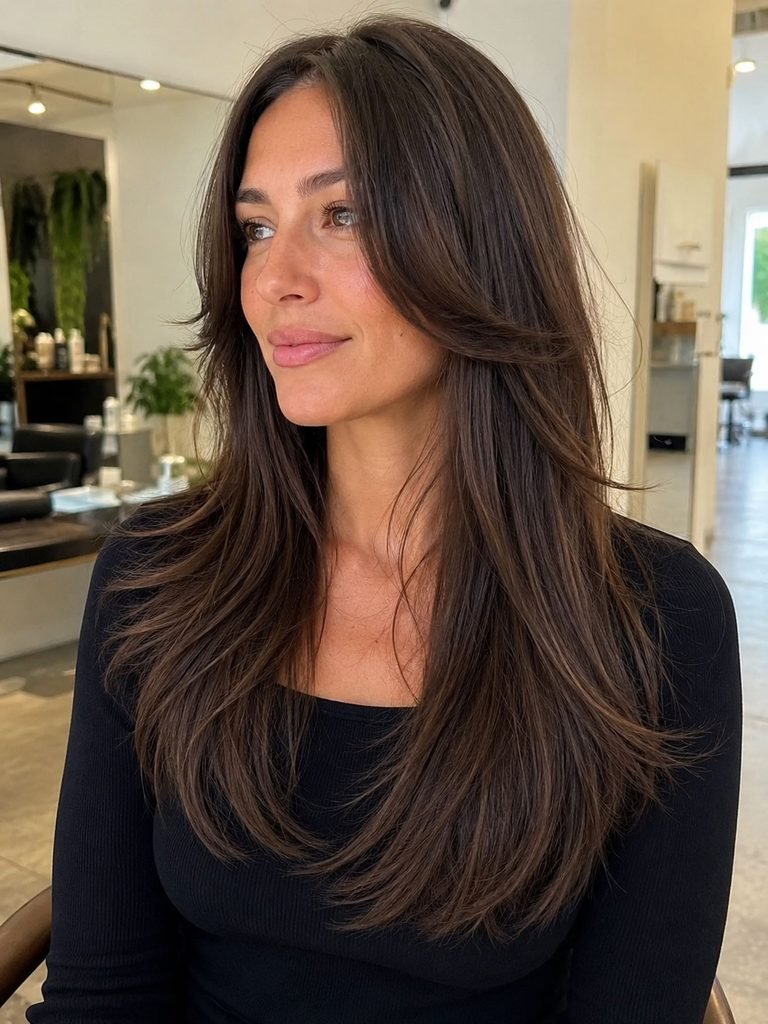 Long hair with gentle face-framing pieces blending into low long layers