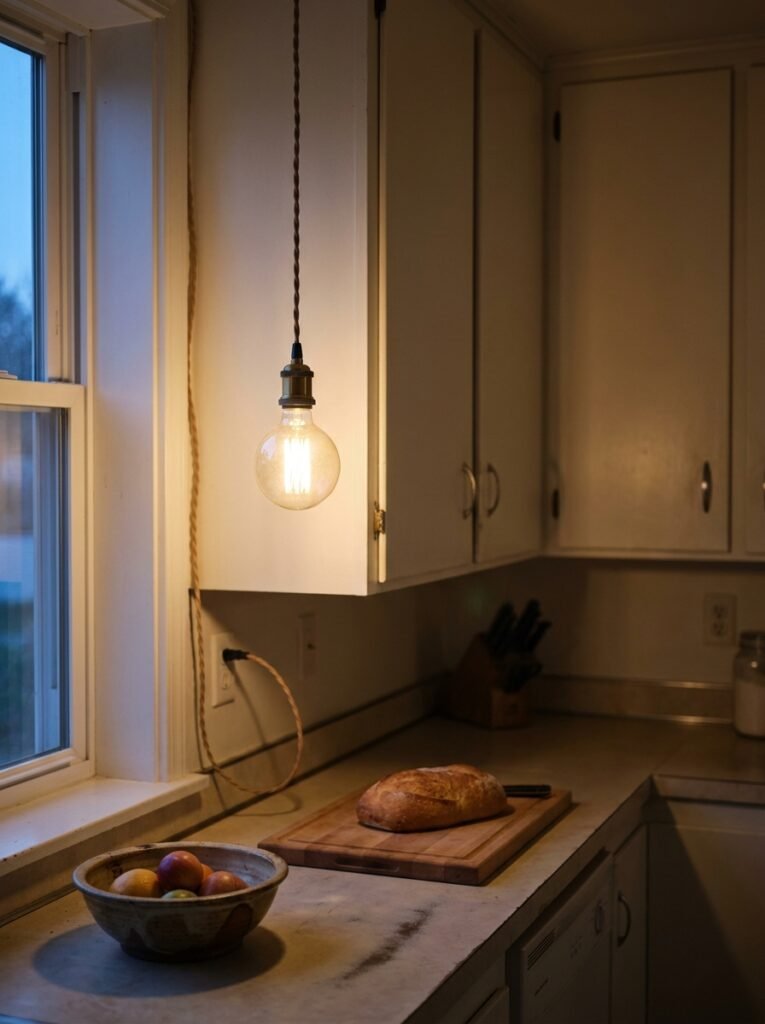 Plug in pendant lamp providing warm lighting over a rental kitchen counter