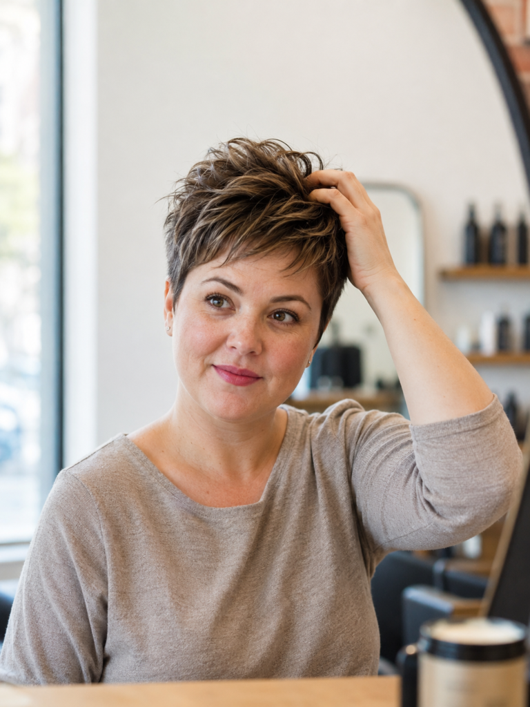 Woman with a textured pixie cut and volume at the crown in soft morning light