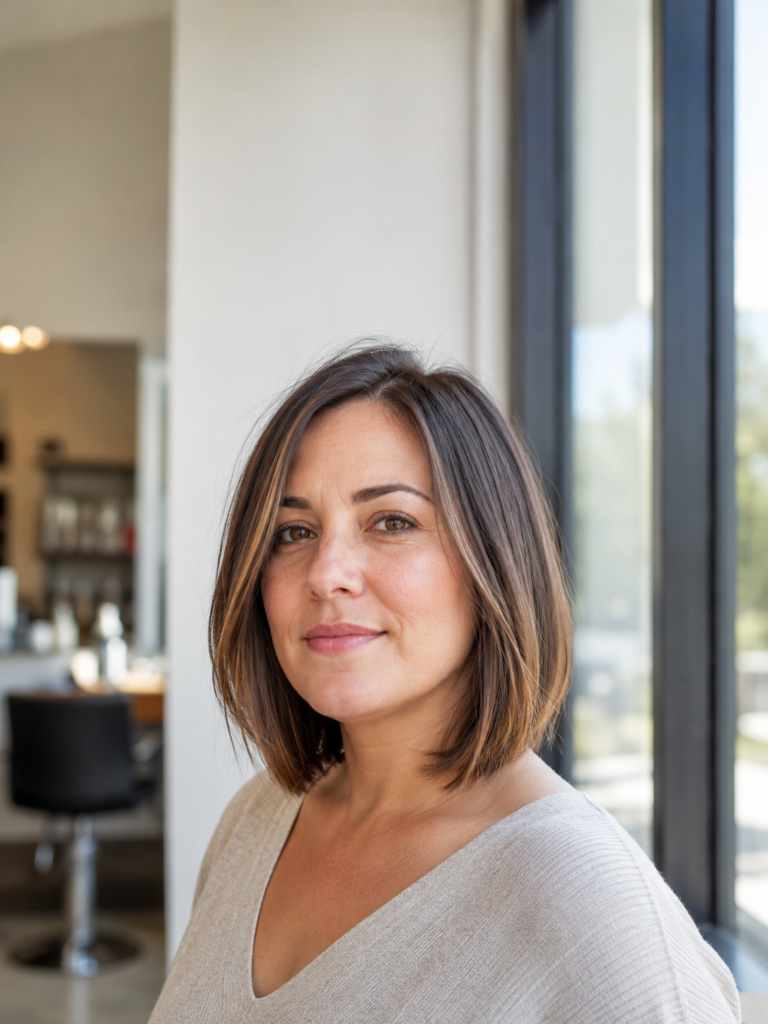 Woman with a jaw-length long bob in soft daylight