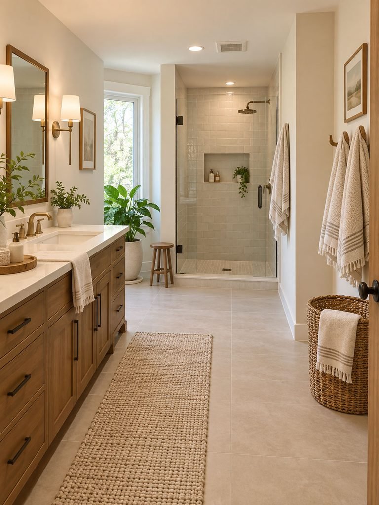 Coordinated bathroom with a clear vanity, simple shower area, and textured dry wall zone