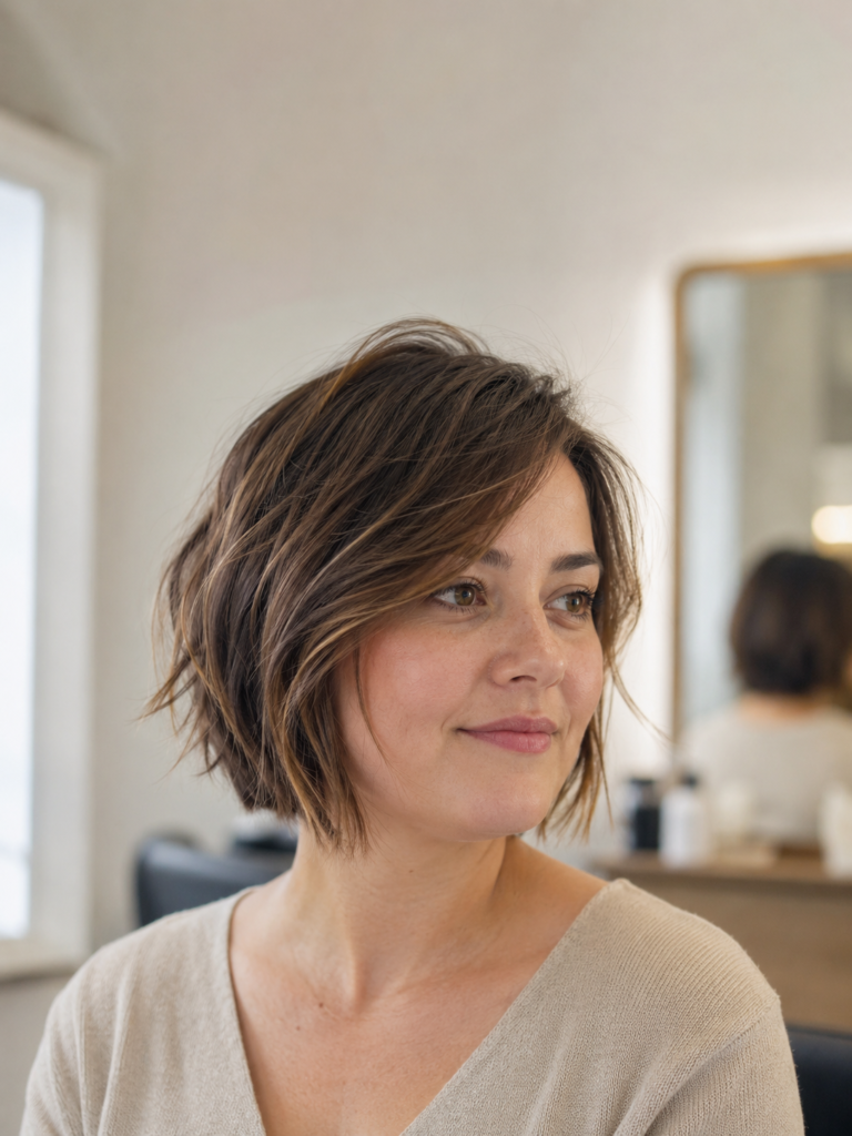 Woman with a softly rounded face and a short hairstyle in natural light
